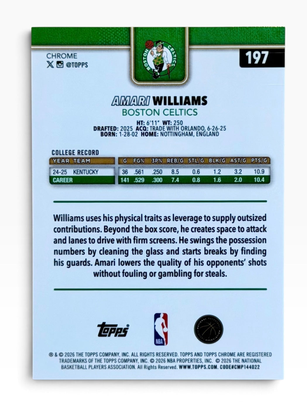 2025-26 Topps Chrome Update Amari Williams Aqua Refractor /199