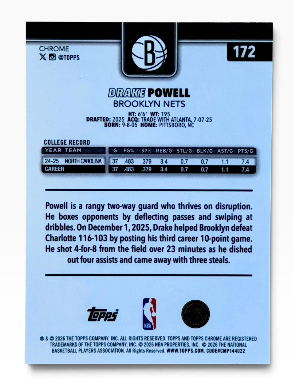 2025-26 Topps Chrome Update Drake Powell Teal Refractor /299