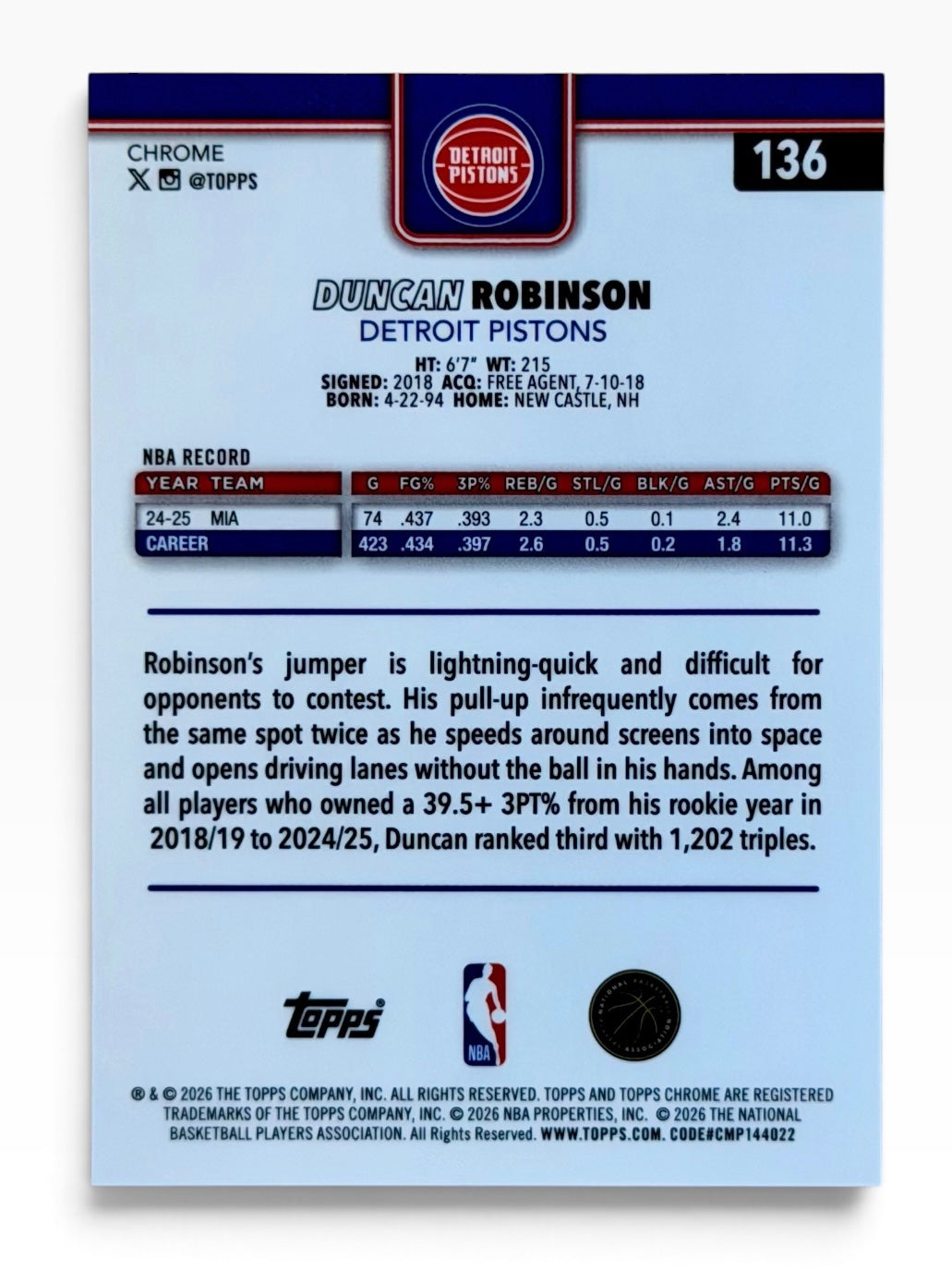 2025-26 Topps Chrome Update Duncan Robinson Purple Basketball /75