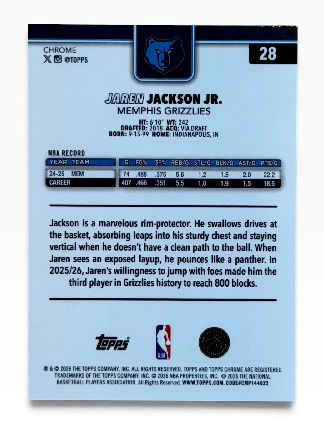 2025-26 Topps Chrome Update Jaren Jackson Jr. Green Raywave /99