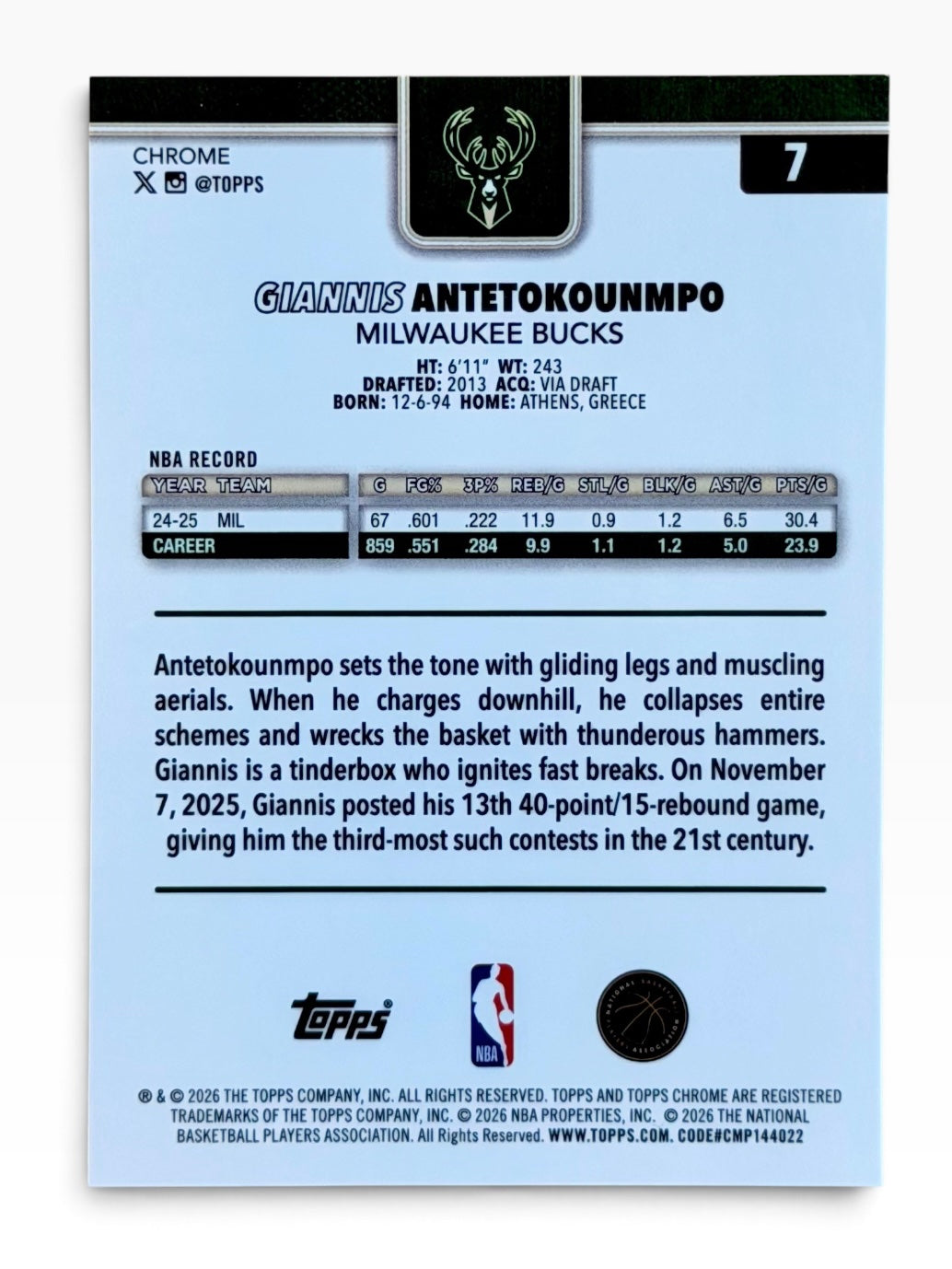 2025-26 Topps Chrome Update Giannis Antetokounmpo Yellow Raywave /275