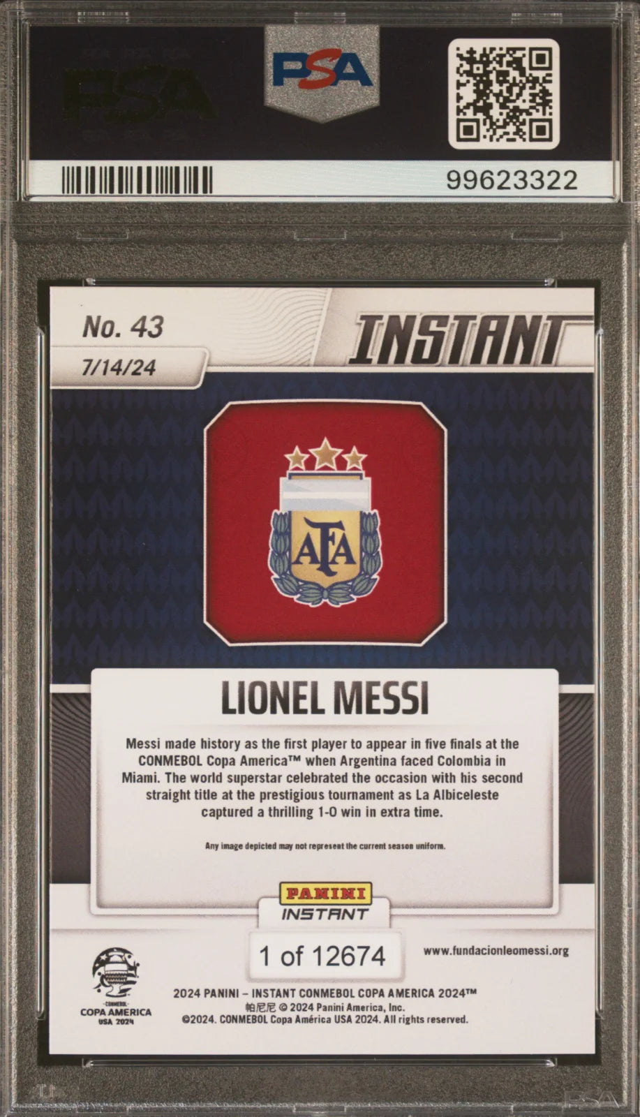 LIONEL MESSI COPA AMERICA 2024 #43 PANINI INSTANT CONMEBOL PSA 10