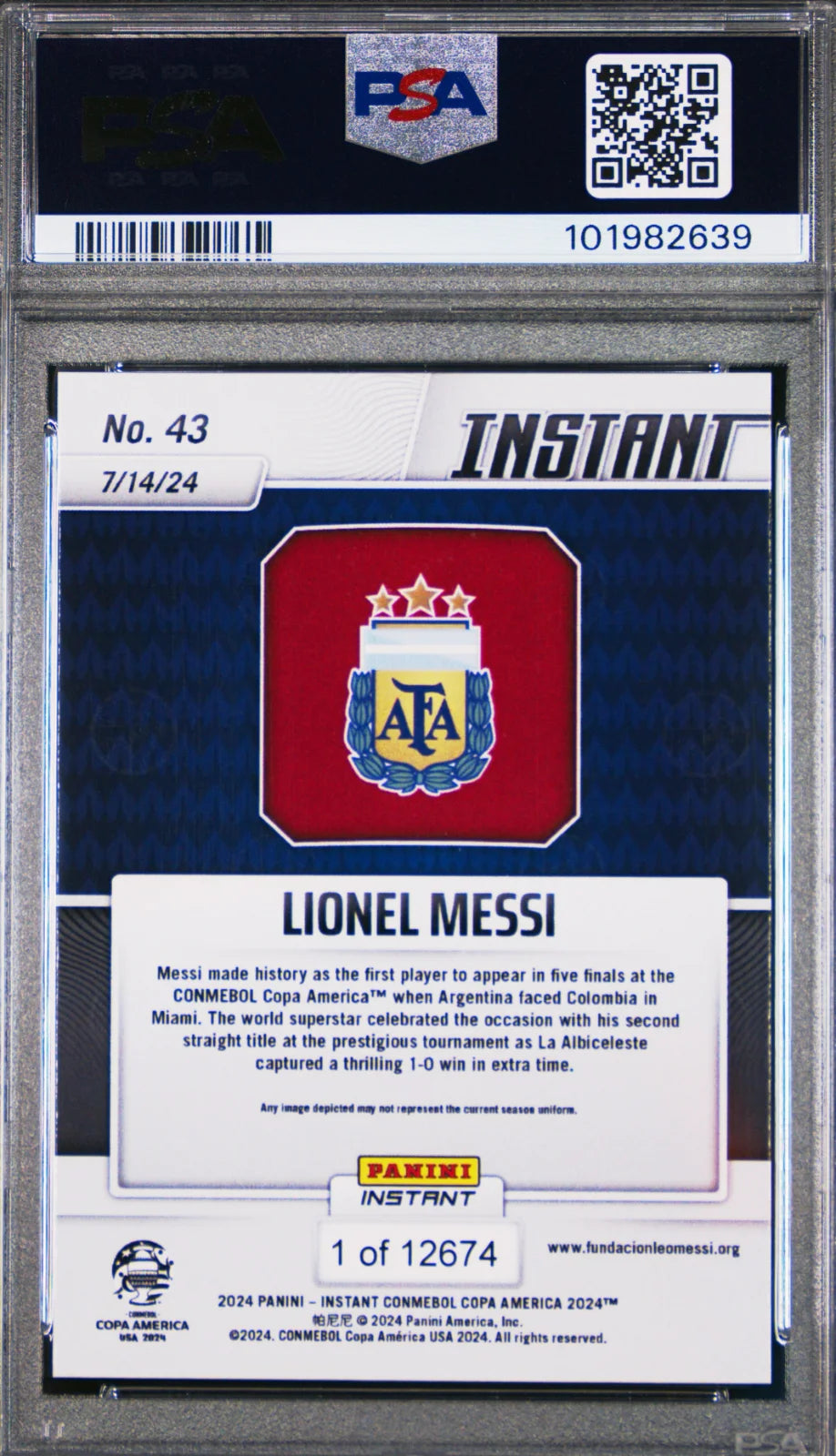 LIONEL MESSI COPA AMERICA 2024 #43 PANINI INSTANT CONMEBOL PSA 10
