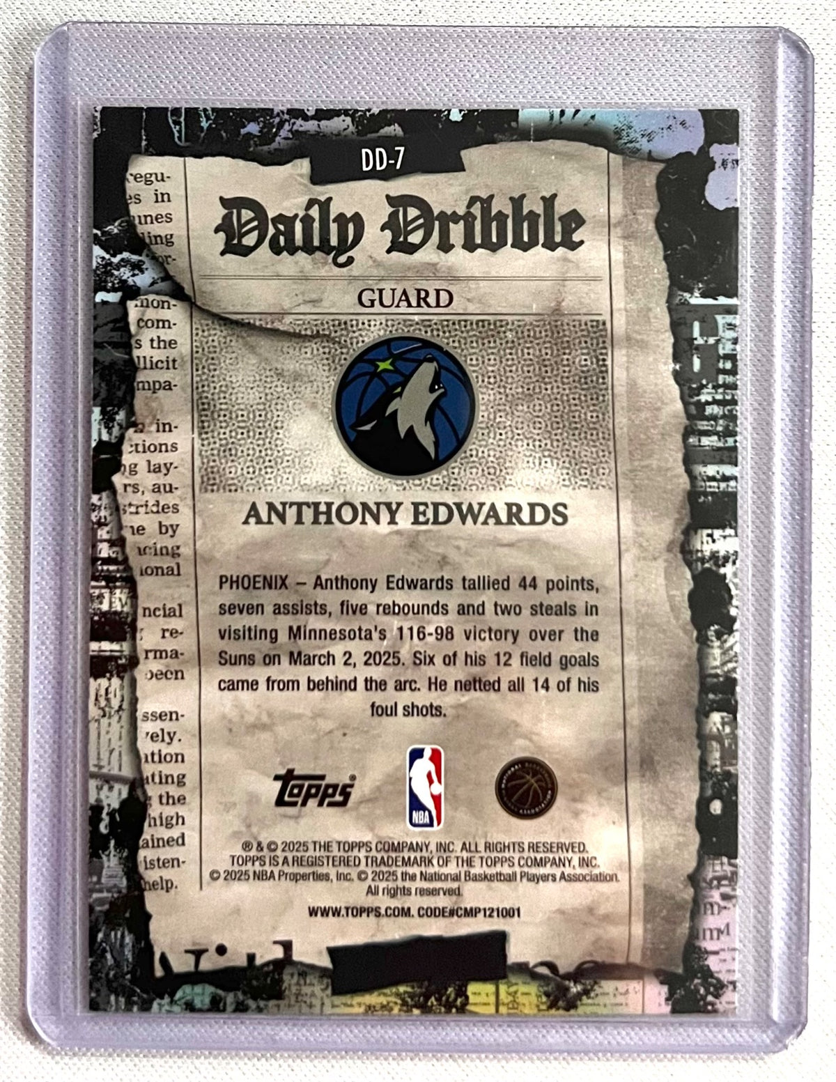 Topps The Daily Dribble 2025-26 Anthony Edwards Insert #DD-7 Timberwolves