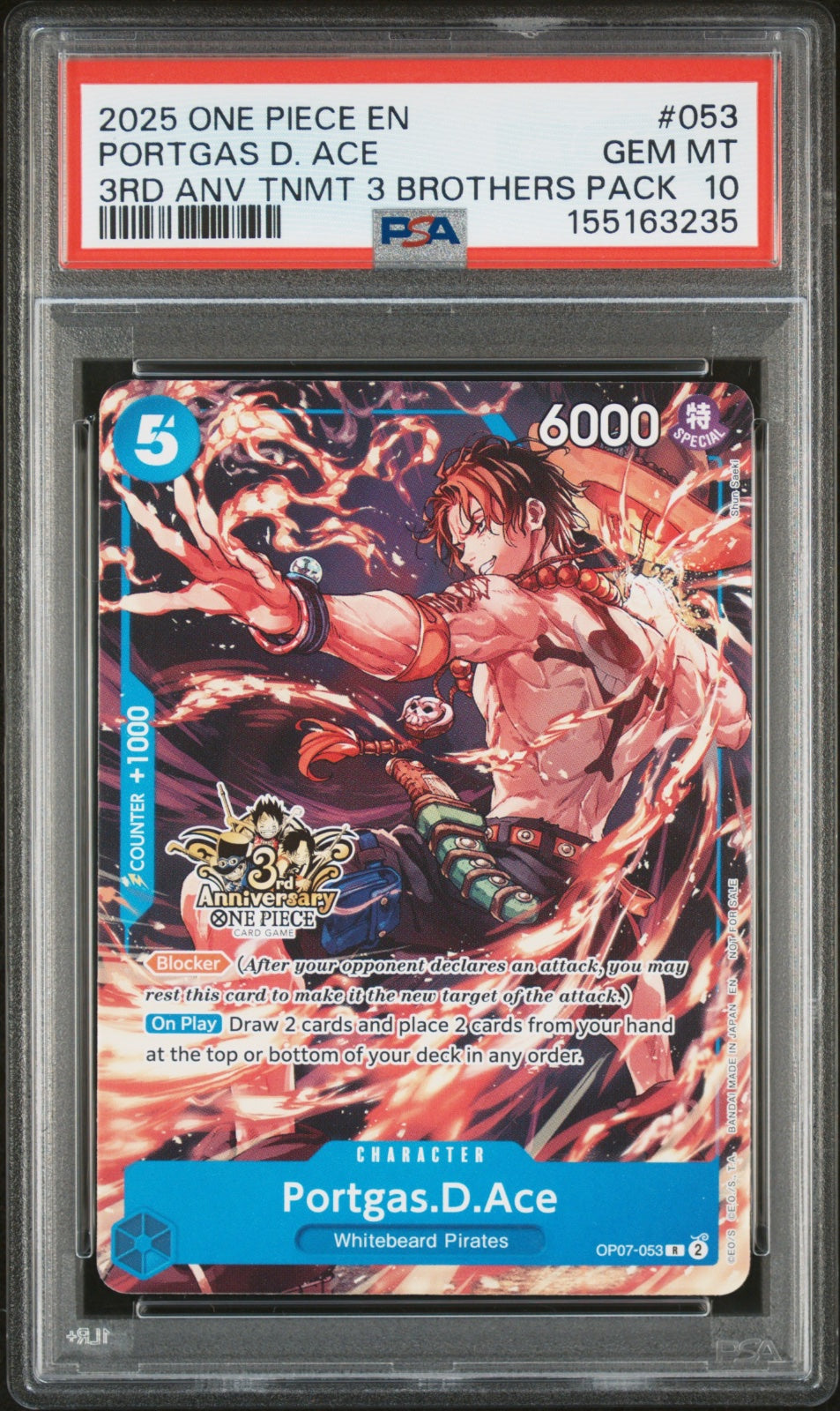 Portgas.D.Ace - OP07-053 (3rd Anniversary Tournament 3 Brothers Pack) (Carrying On His Will: 3rd Anniversary Tournament Cards) — PSA 10