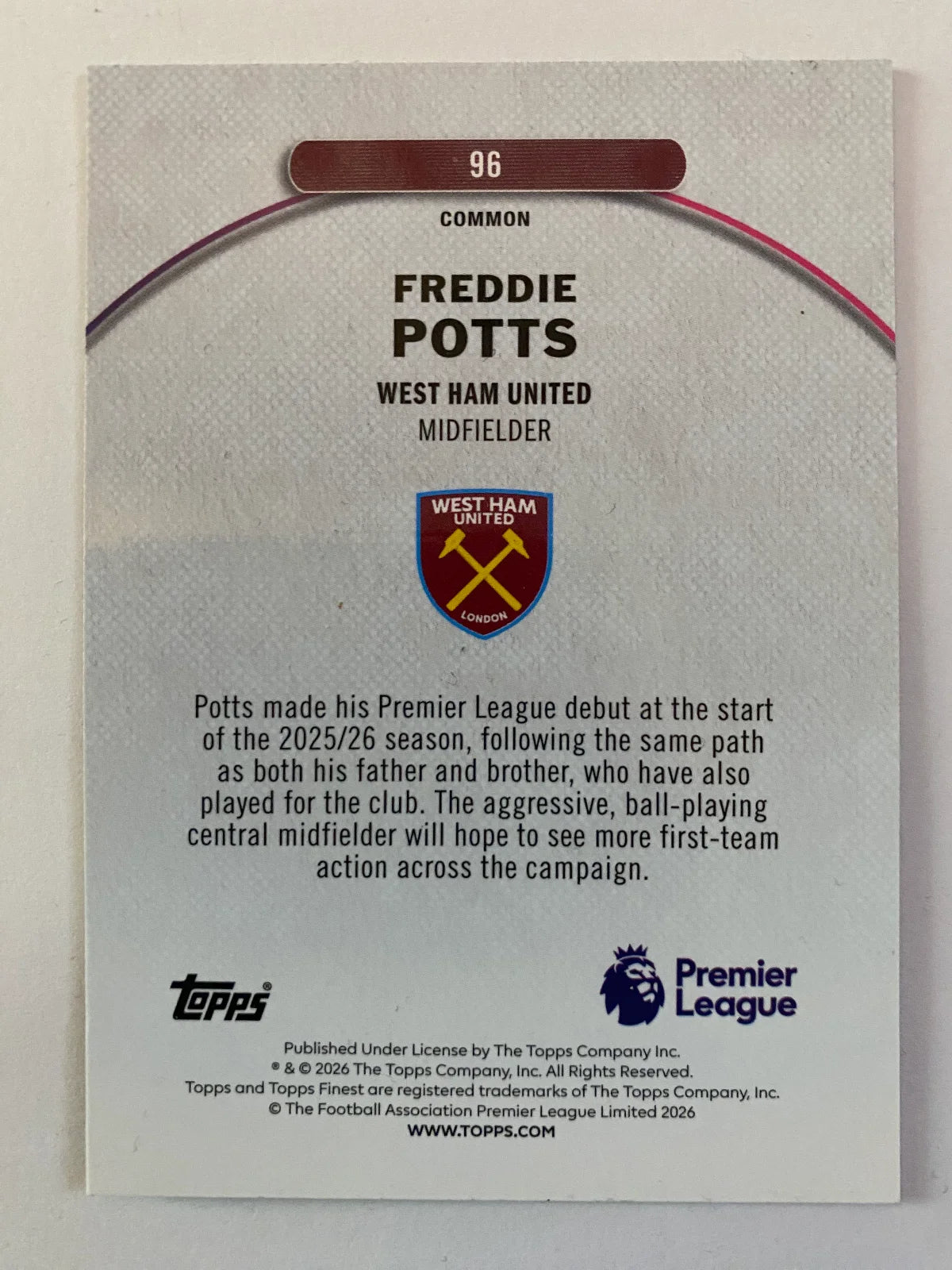 2025-26 Finest Premier League - #96 Freddie Potts RC
