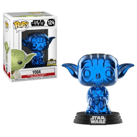 Funko Pop! Star Wars Yoda Blue Chrome #124, a limited-edition exclusive released for the 2019 Star Wars Celebration in Chicago.