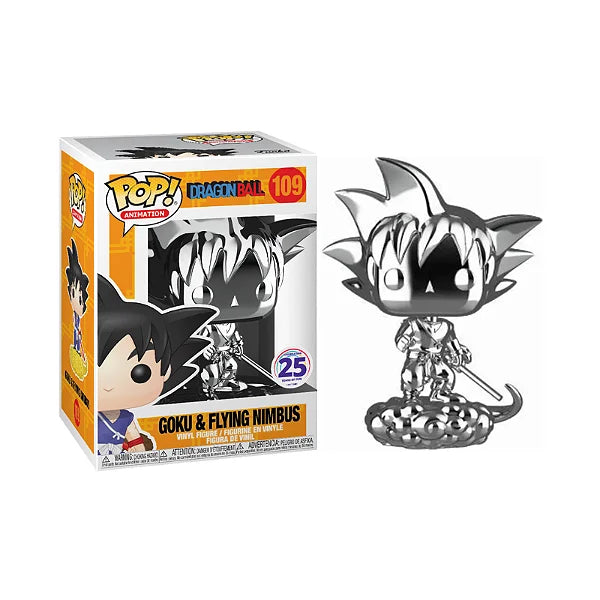Funko Pop! Animation Dragon Ball – Goku & Flying Nimbus Silver Chrome Vinyl Figure #109, a collectible exclusive released for Funimation's 25th anniversary.