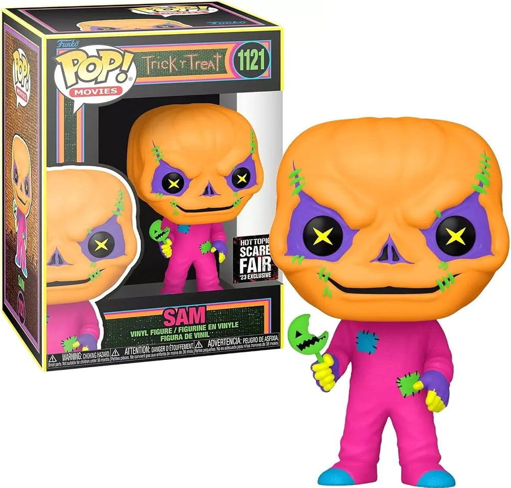 Funko Pop! Movies: Trick 'r Treat - Sam (Black Light) #1121, which is a 2023 Hot Topic Scare Fair Exclusive.