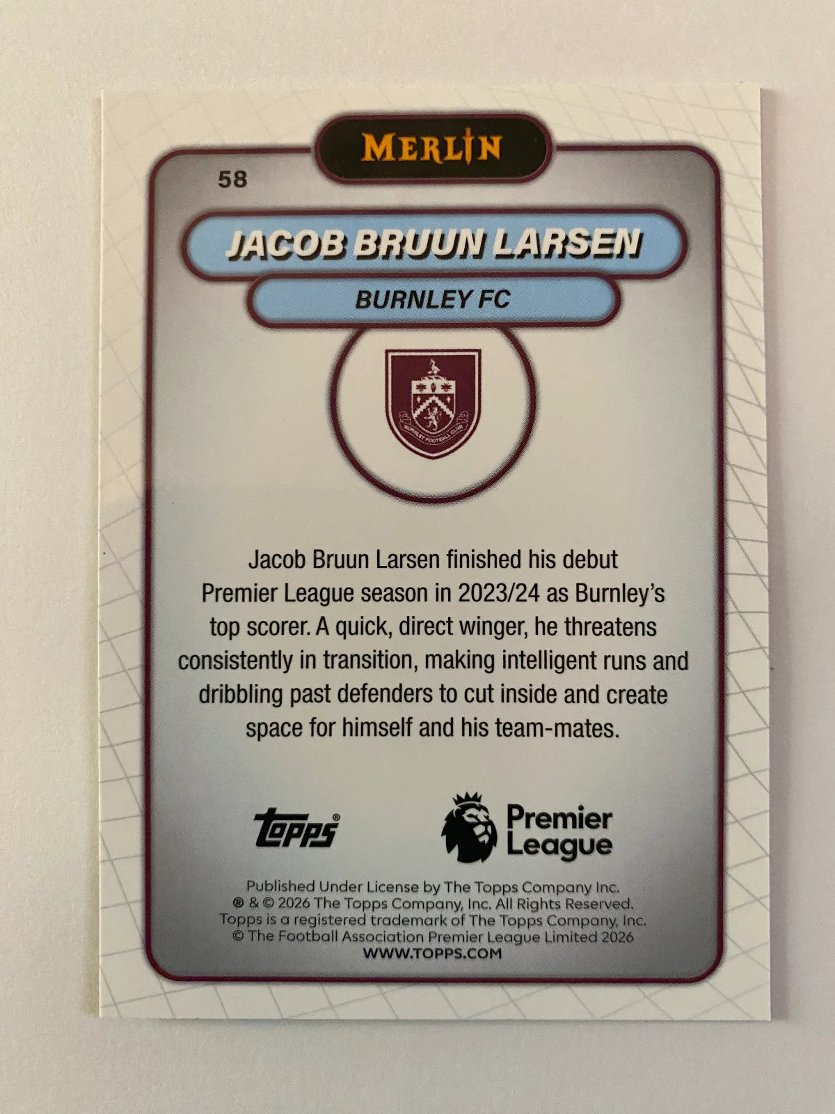 2026 Merlin Premier League - Vintage Merlin Refractor #58 Jacob Bruun Larsen