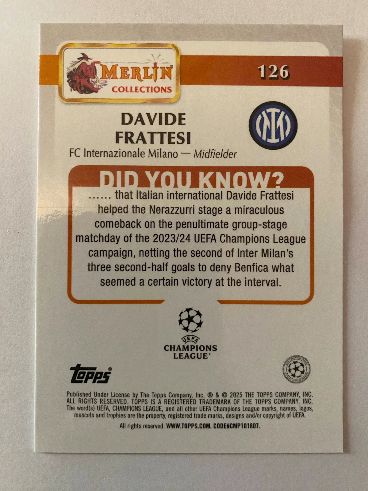 2024-25 Merlin UEFA Club Competitions - #126 Davide Frattesi