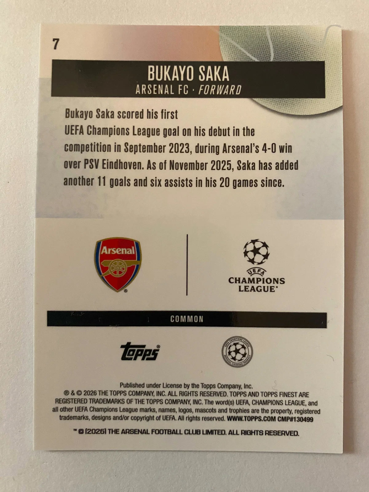 2025-26 Finest UEFA Club Competitions - Checkerboard Refractor #7 Bukayo Saka