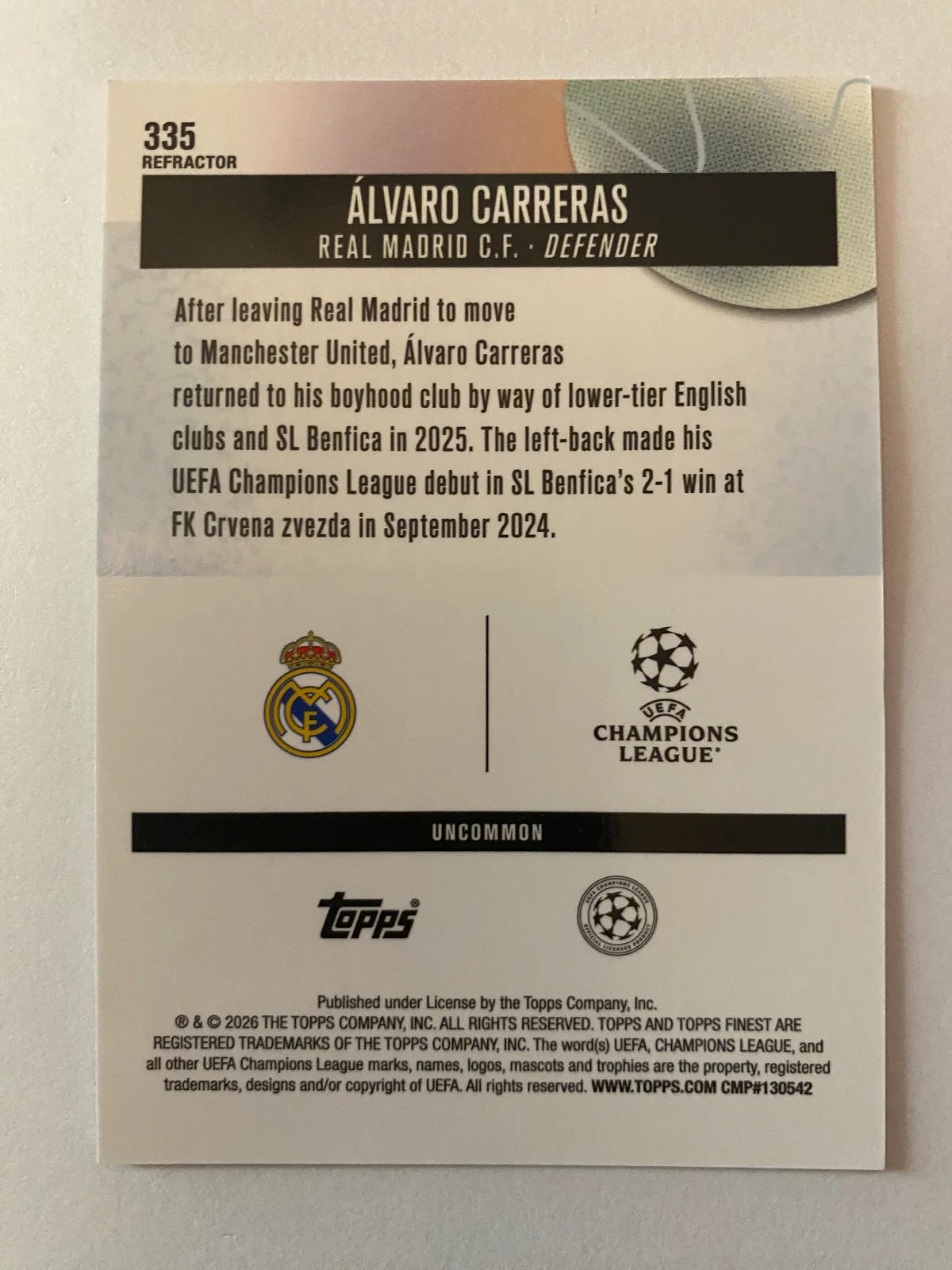 2025-26 Finest UEFA Club Competitions - Refractor #335 Álvaro Carreras