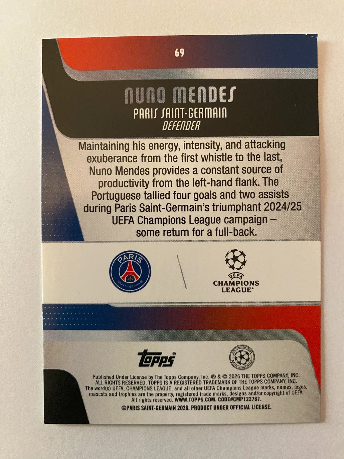 2025-26 Topps UEFA Club Competitions - #69 Nuno Mendes TOTS