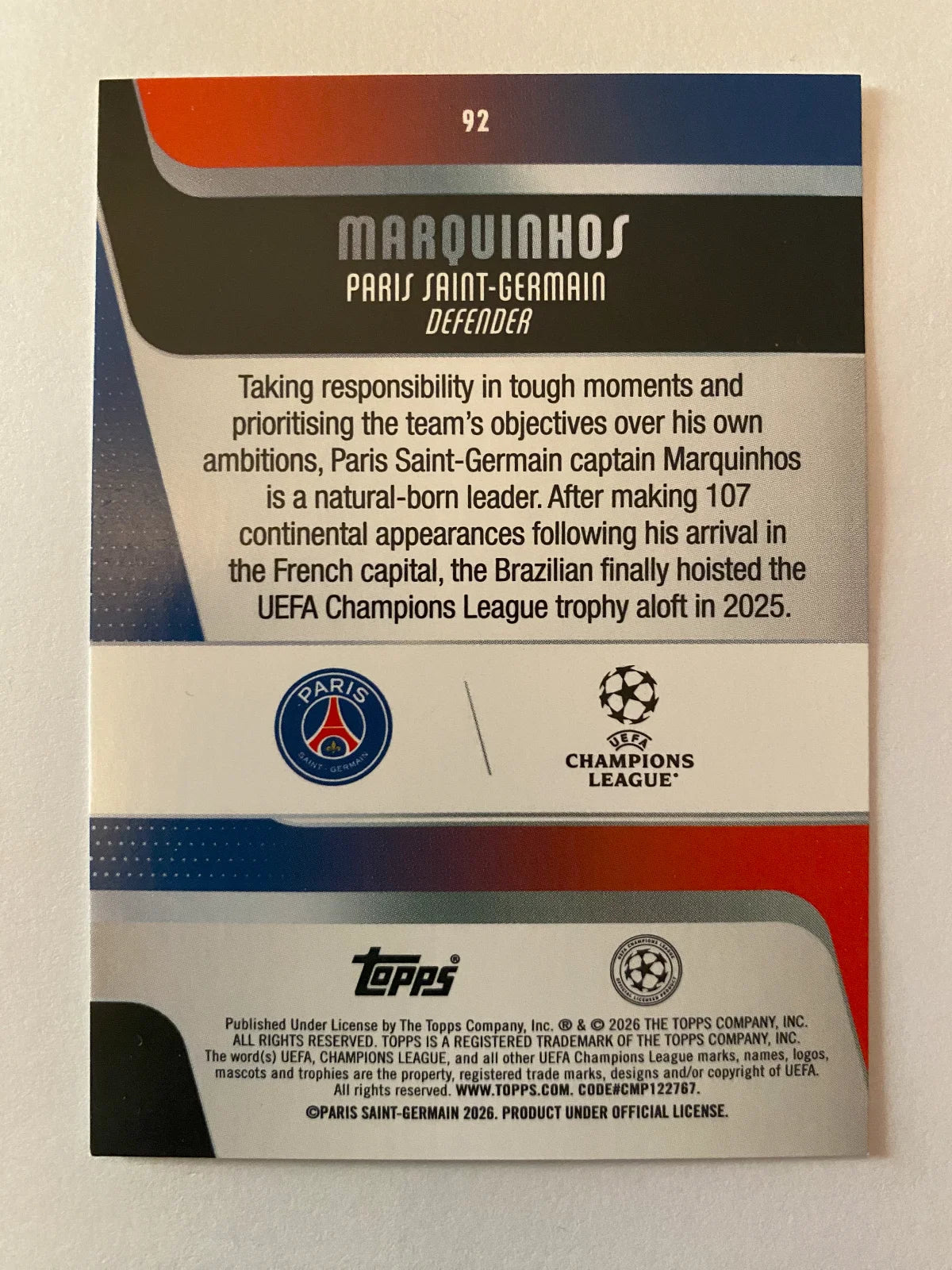 2025-26 Topps UEFA Club Competitions - #92 Marquinhos TOTS