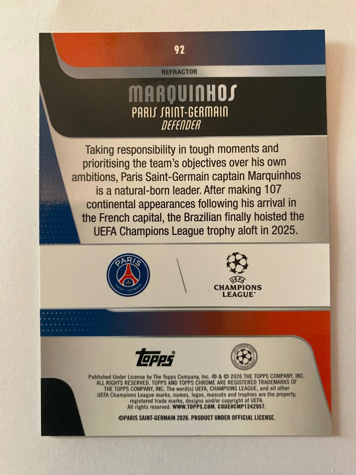 2025-26 Topps Chrome UEFA Club Competitions - Refractor #92 Marquinhos