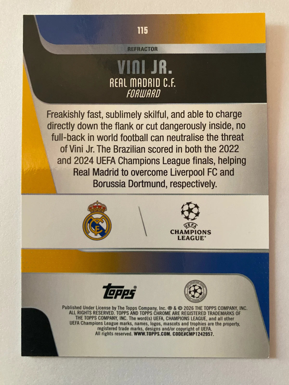 2025-26 Topps Chrome UEFA Club Competitions - Refractor #115 Vini Jr.