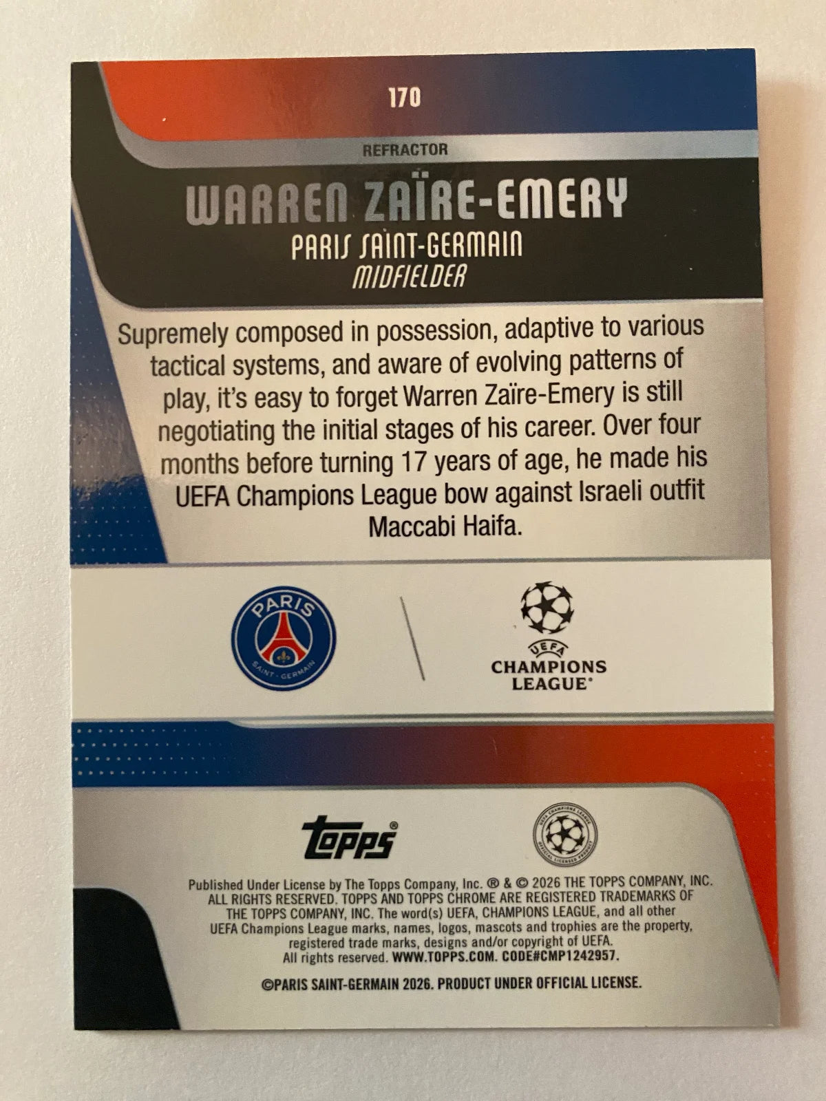 2025-26 Topps Chrome UEFA Club Competitions - Refractor #170 Warren Zaïre-Emery