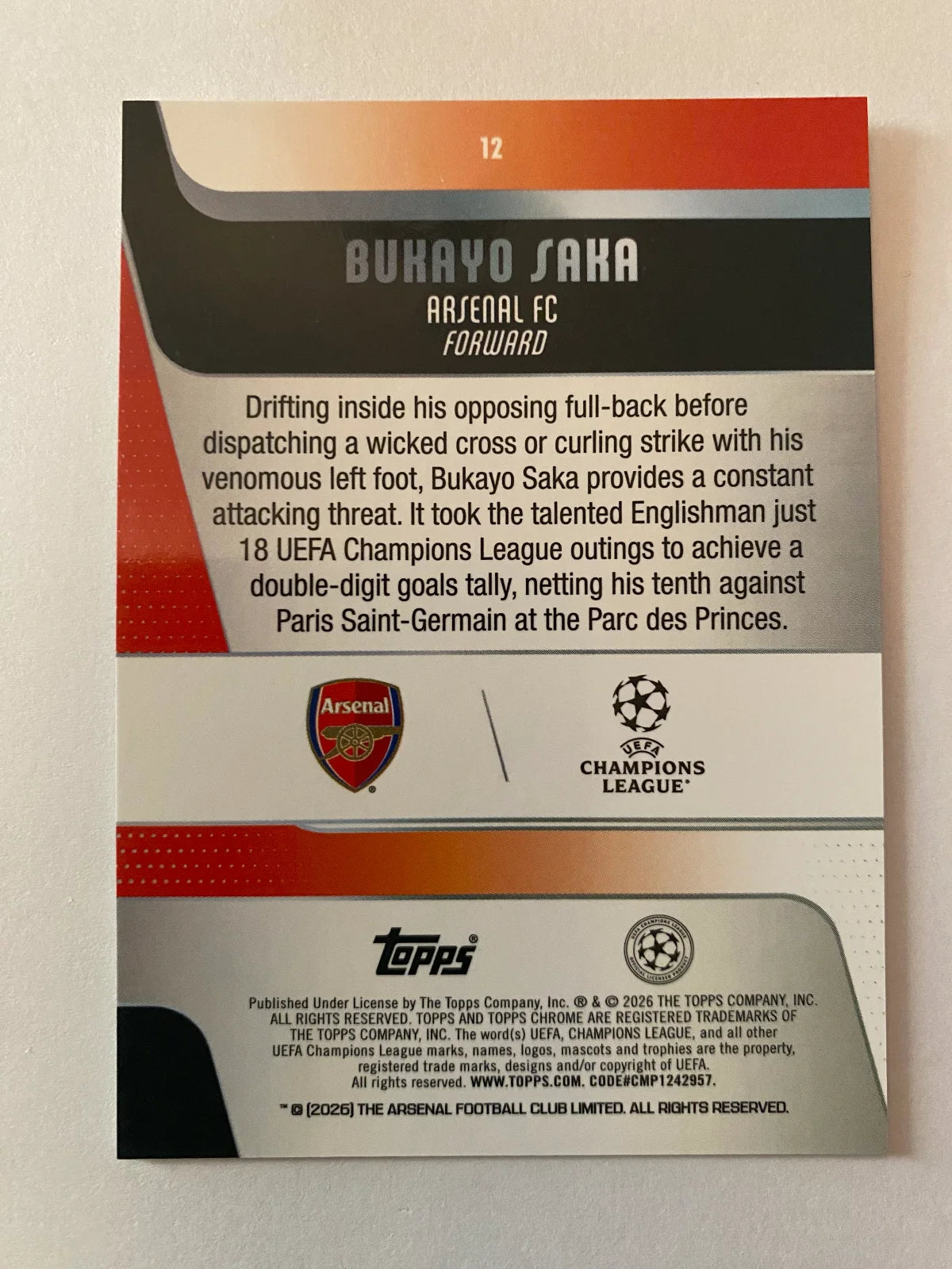 2025-26 Topps Chrome UEFA Club Competitions - #12 Bukayo Saka