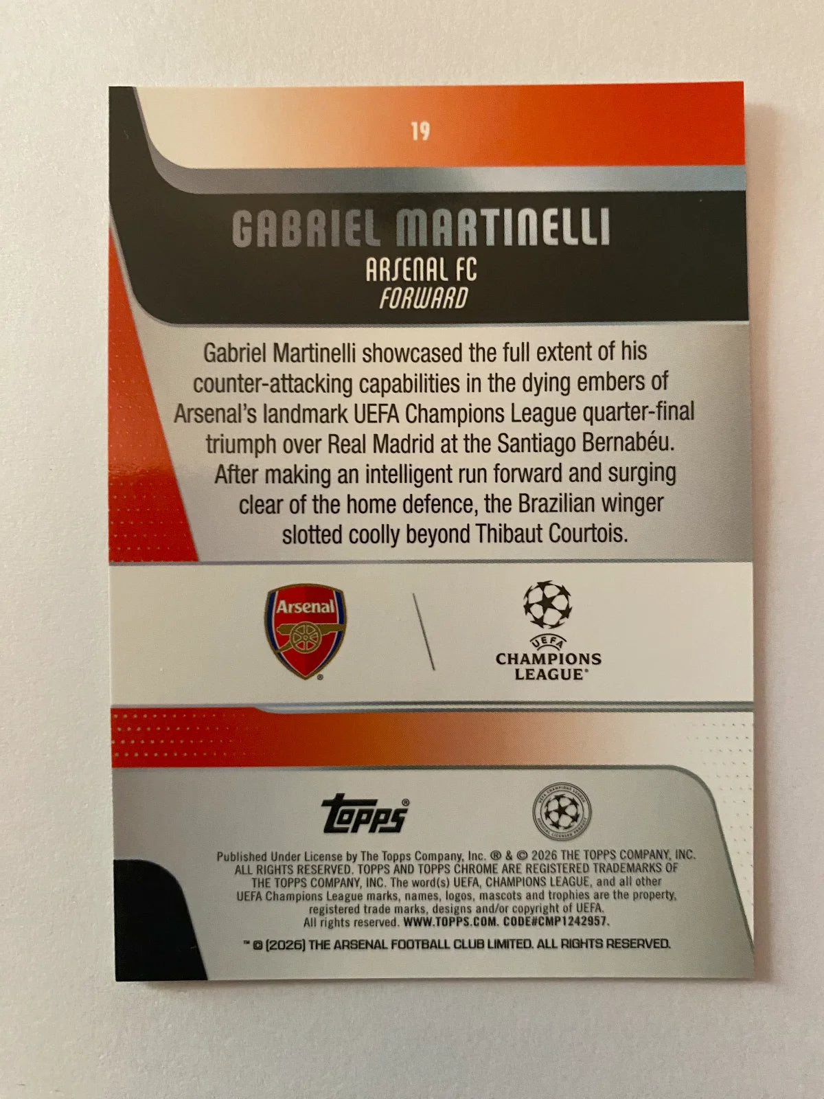 2025-26 Topps Chrome UEFA Club Competitions - #19 Gabriel Martinelli