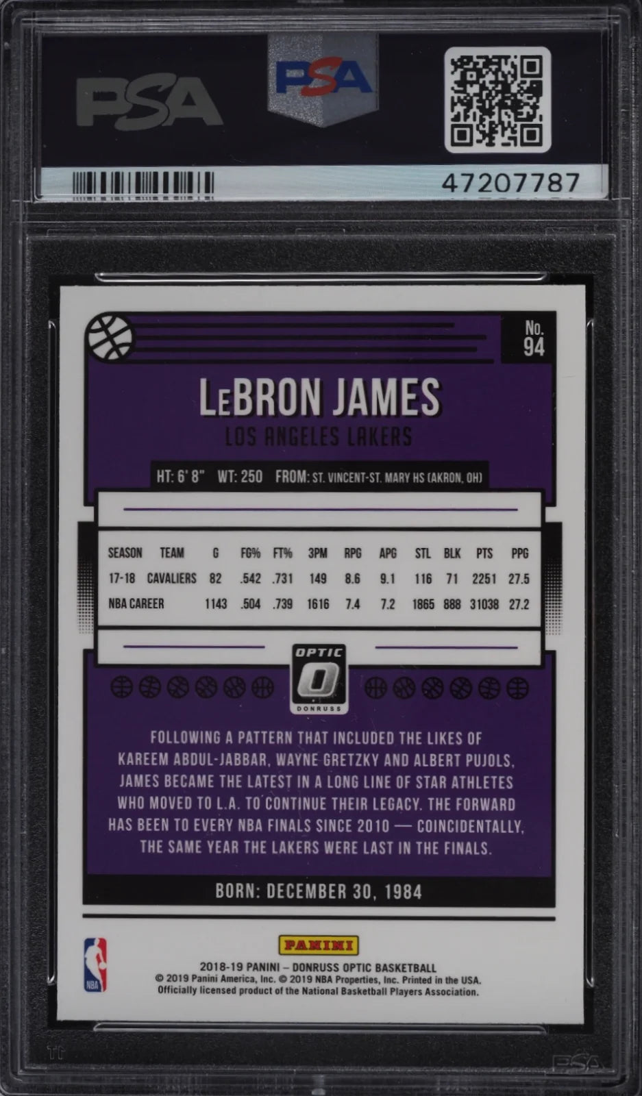 LeBRON JAMES, #94, Panini,  2018, PSA 10