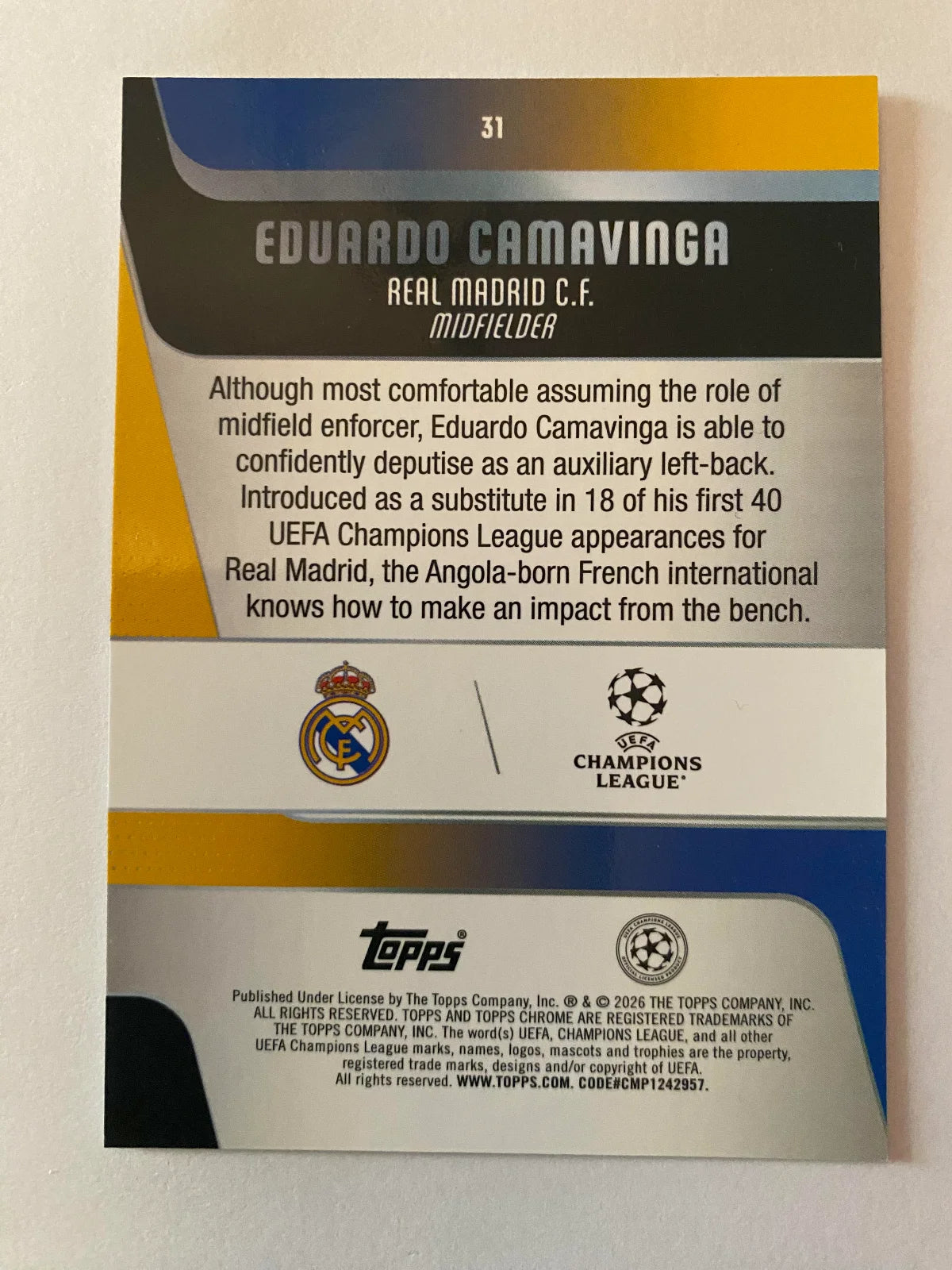 2025-26 Topps Chrome UEFA Club Competitions - #31 Eduardo Camavinga