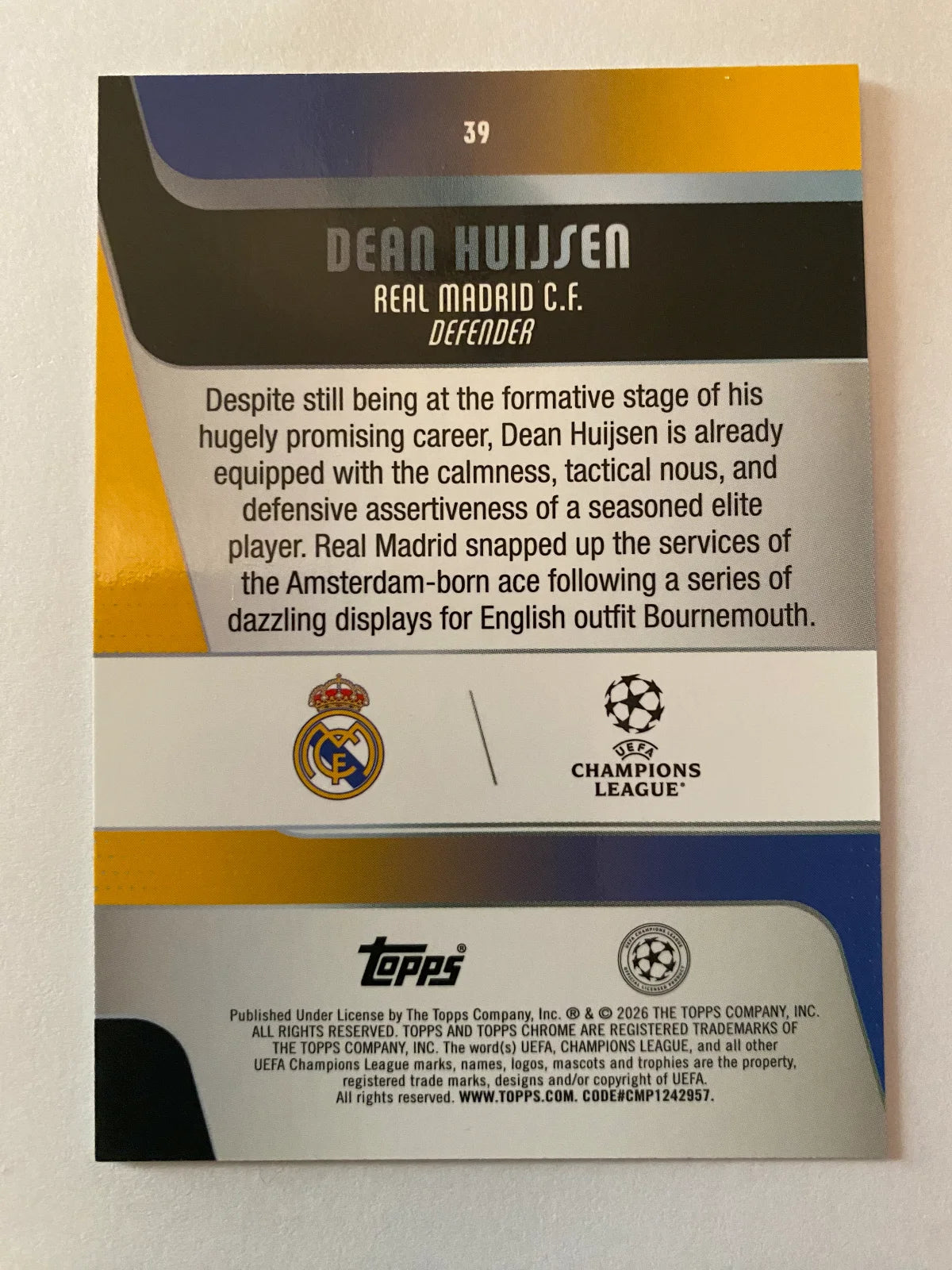 2025-26 Topps Chrome UEFA Club Competitions - #39 Dean Huijsen