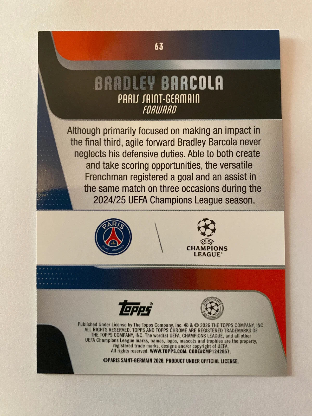 2025-26 Topps Chrome UEFA Club Competitions - #63 Bradley Barcola