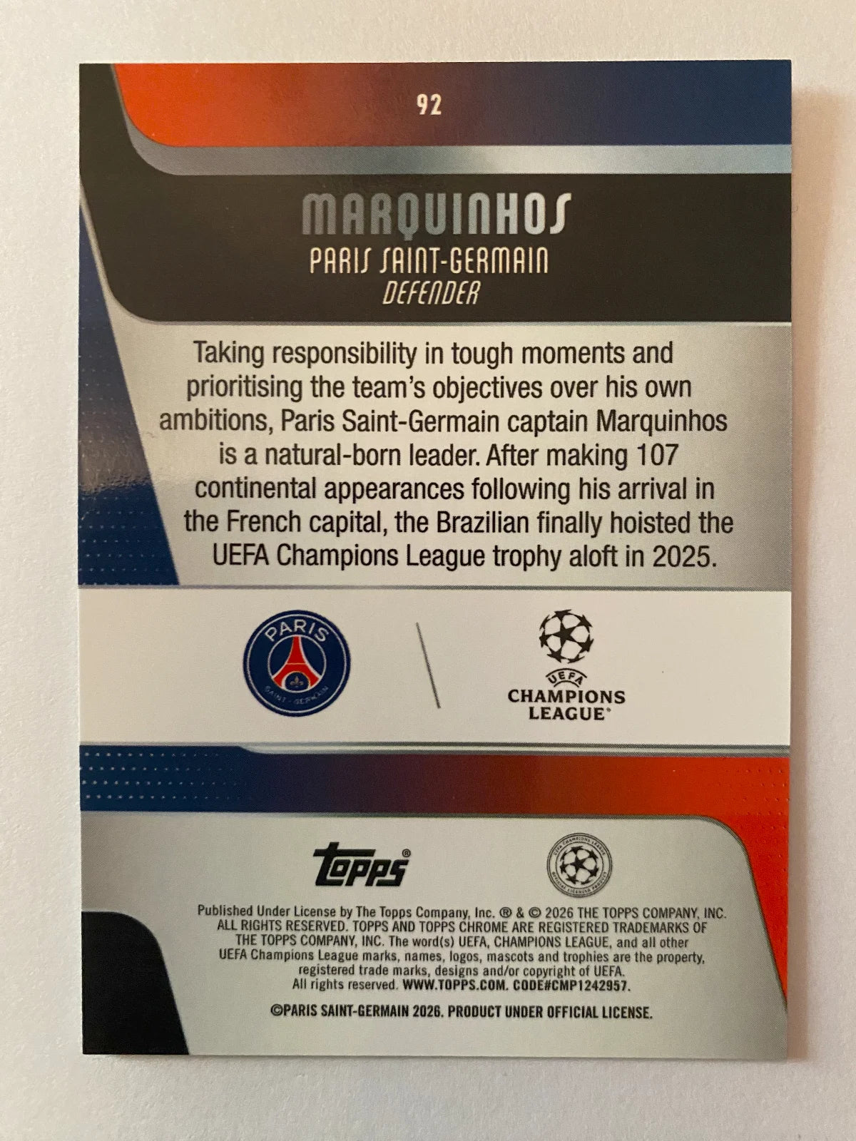 2025-26 Topps Chrome UEFA Club Competitions - #92 Marquinhos