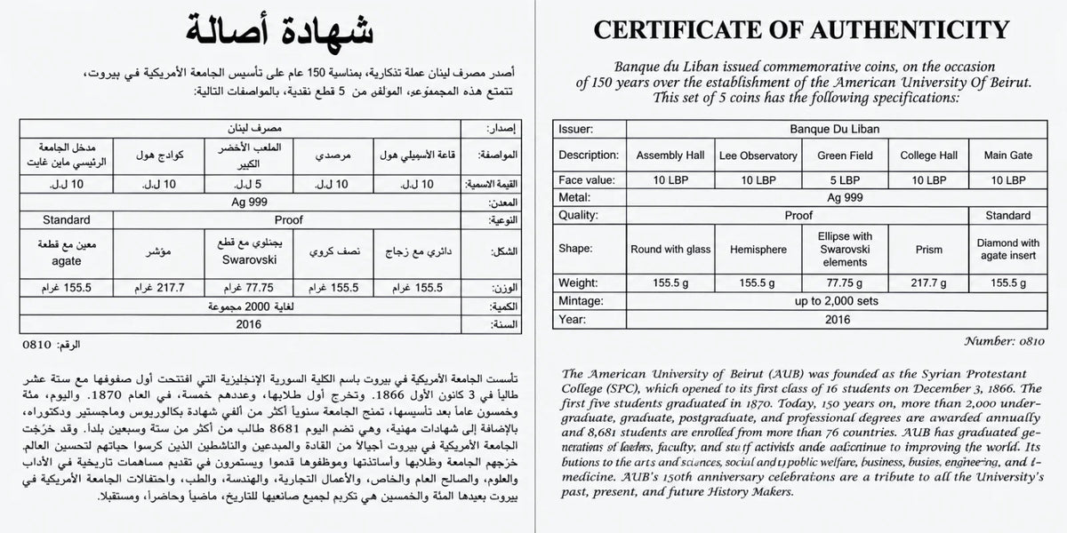 *Limited Edition* 150 years over the establishment of the American University of Beirut, Banque Du Liban, Year:2011, Metal: Silver .999, Weight: 762g