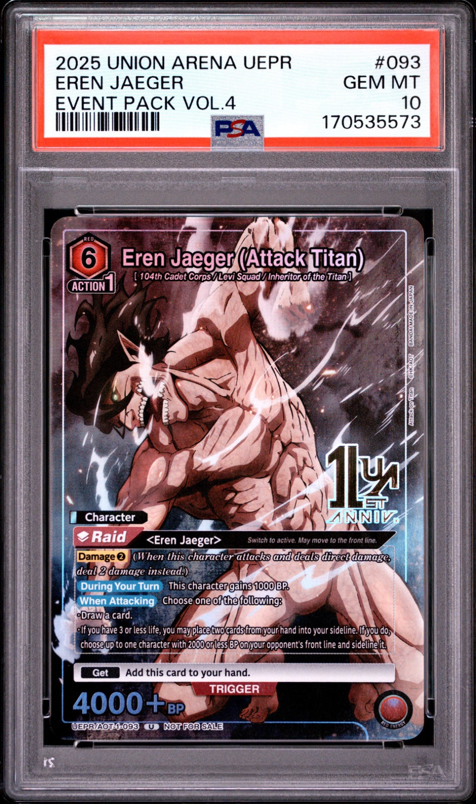 Eren Jaeger (Attack Titan) (093) UEPR/AOT-1-093 (Union Arena Promotion Cards) - PSA 10
