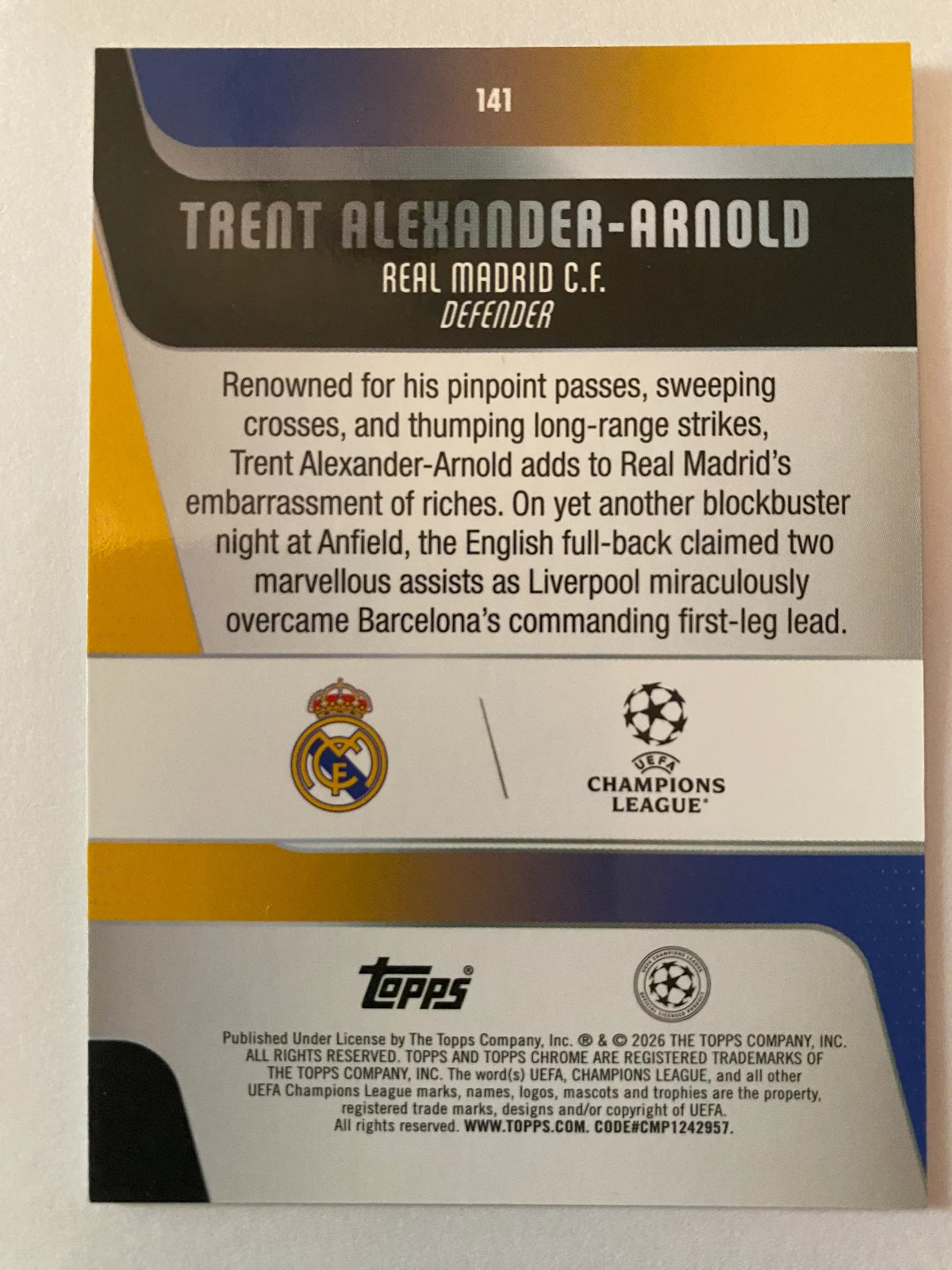 2025-26 Topps Chrome UEFA Club Competitions - #141 Trent Alexander-Arnold