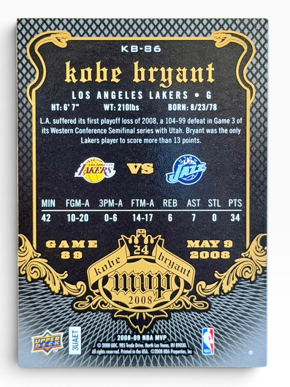 2009 Upper Deck NBA MVP Kobe Bryant KB-86 Black Border