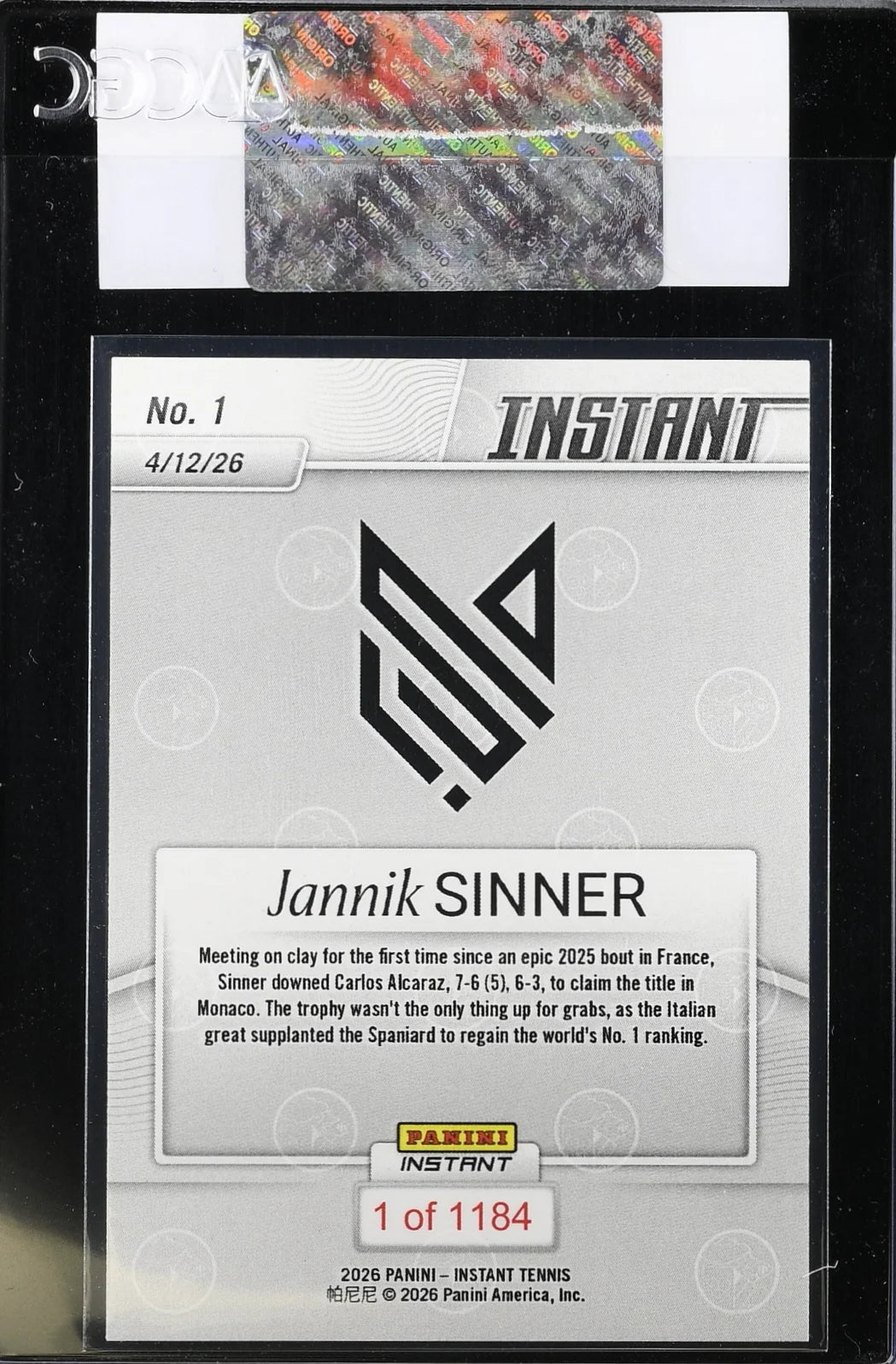Jannik Sinner, #1, 2026, Panini Instant, CGC AUTHENTIC