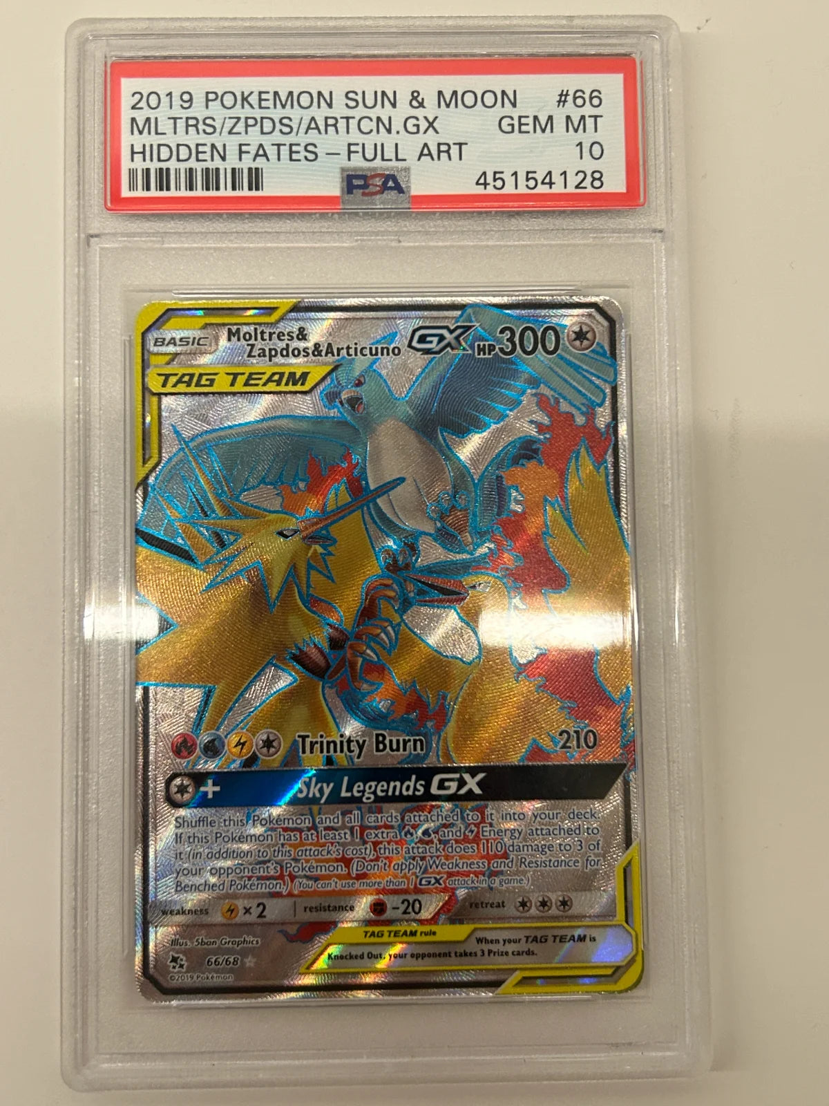 Moltres & Zapdos & Articuno GX (Full Art) 66/68 (Hidden Fates) — PSA 10