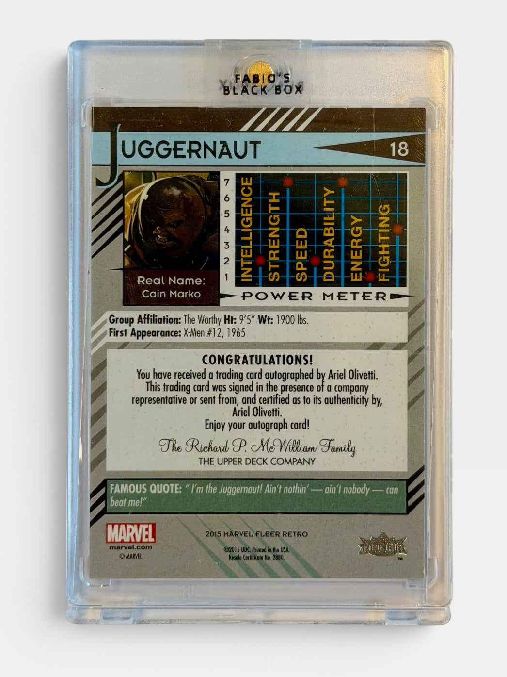 2015 Marvel Fleer Retro Juggernaut Artist Auto by Ariel Olivetti