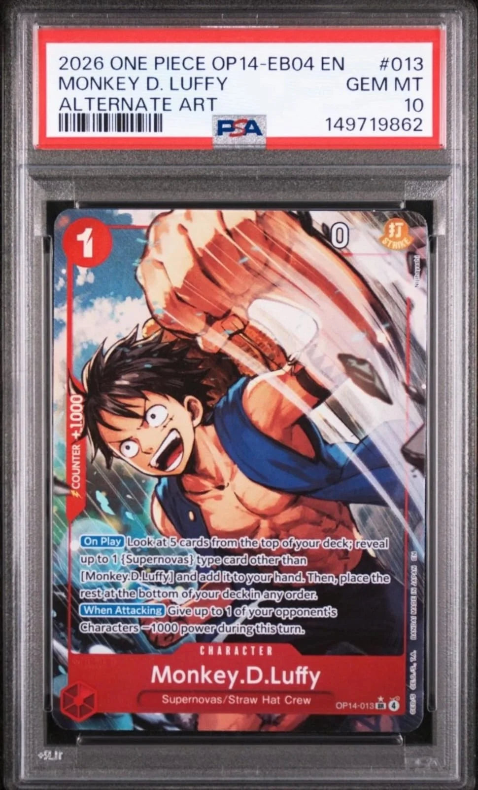 2026 One Piece - The Azure Sea’s Seven (OP14) - Monkey D. Luffy OP14-013 Alternate Art, EN PSA10