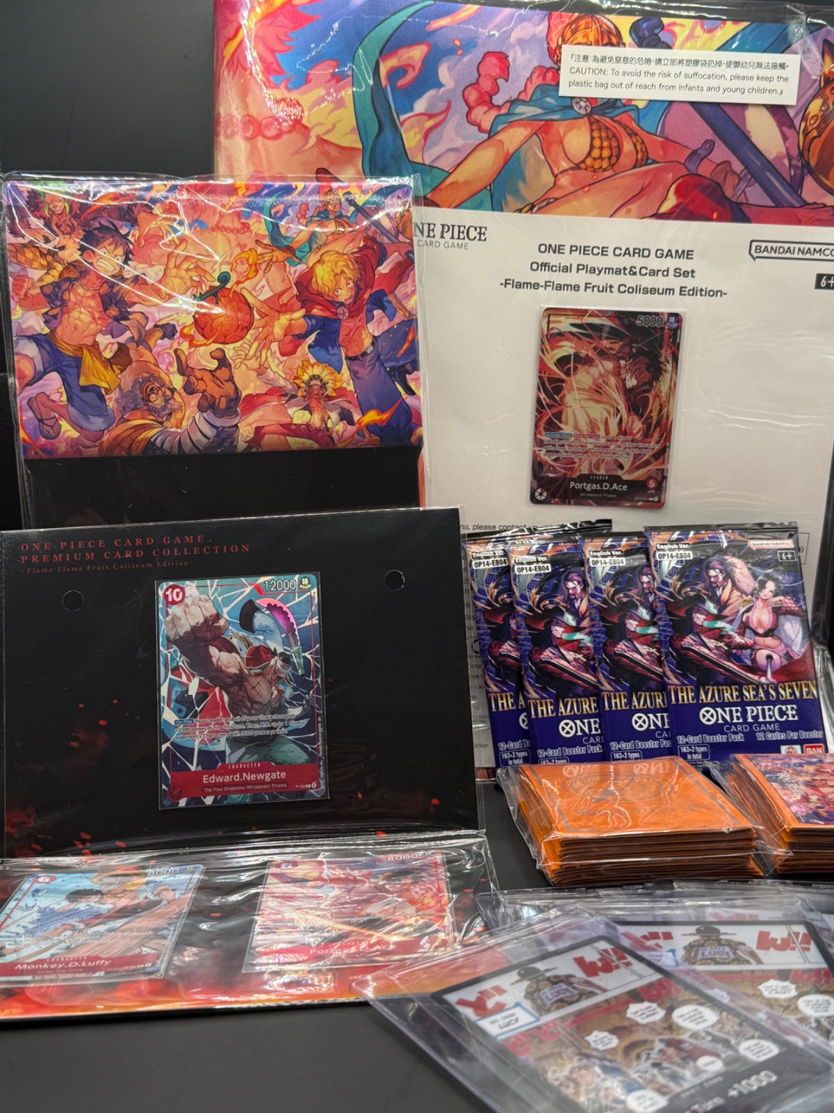 ONE PIECE Card Game Flame Flame Fruit Playmat Full Set + 4x OP14 Booster Packs | TCG Collectible