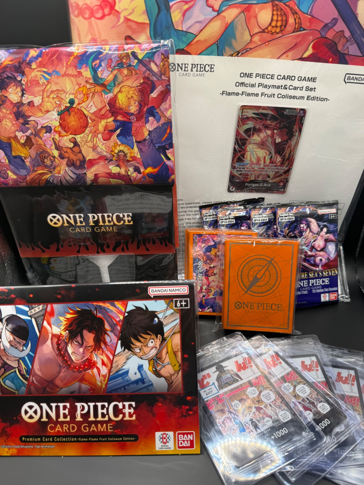 ONE PIECE Card Game Flame Flame Fruit Playmat Full Set + 4x OP14 Booster Packs | TCG Collectible