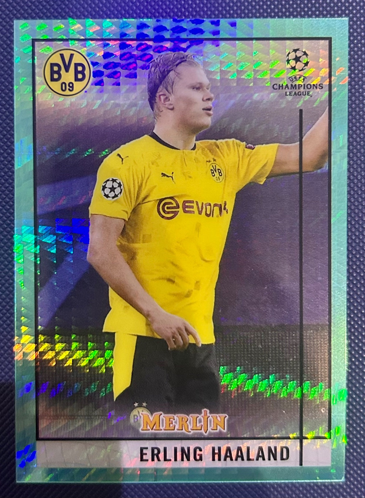 Erling Haaland 2020-21 Topps Merlin UEFA Aqua Prism Refractor