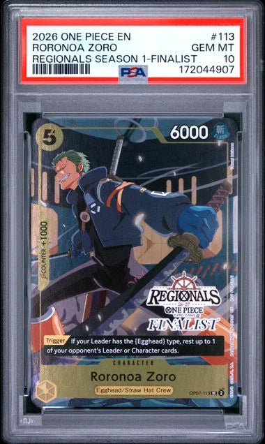 Roronoa Zoro (113) (Regionals Finalist Card Set 26-27) OP07-113 (One Piece Promotion Cards) — PSA 10