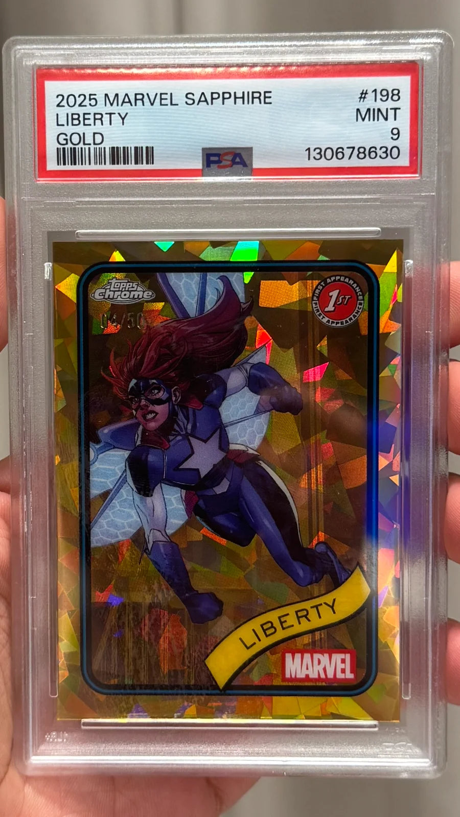 pop 1 (SERIAL# 4/50) 2025 TOPPS CHROME MARVEL SAPPHIRE EDITION #198 LIBERTY GOLD