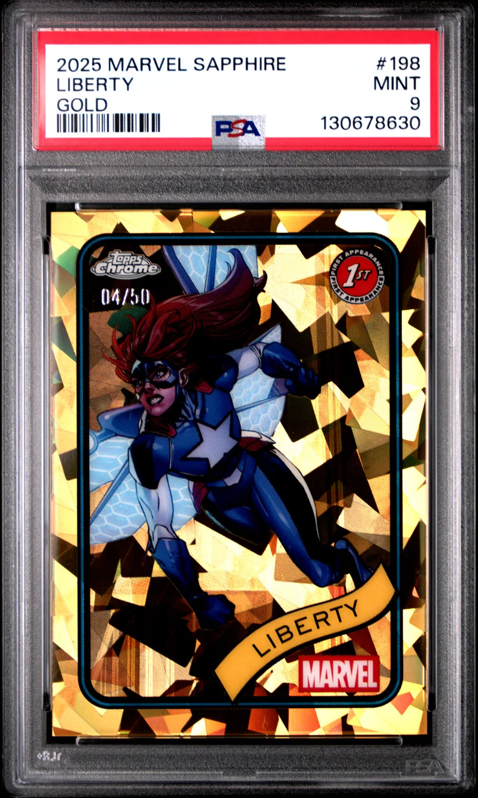 pop 1 (SERIAL# 4/50) 2025 TOPPS CHROME MARVEL SAPPHIRE EDITION #198 LIBERTY GOLD