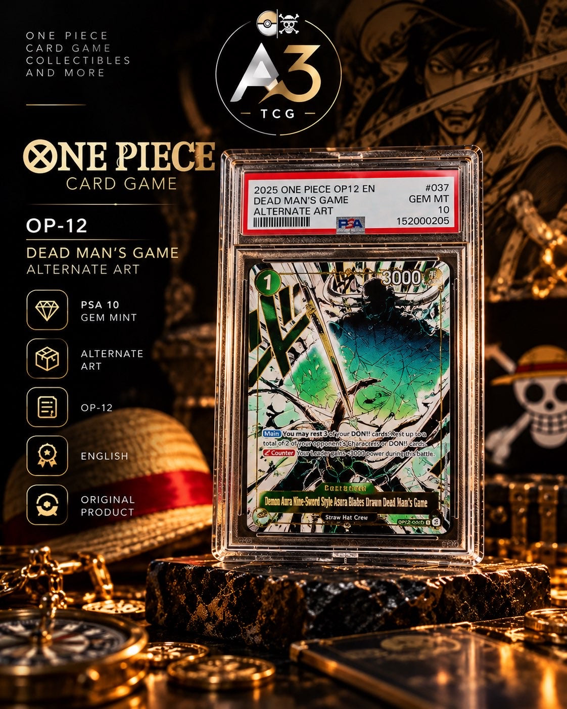 Demon Aura Nine Sword Style Asura Blades Drawn Dead Man's Game (Alternate Art) OP12-037 (Legacy of the Master) — PSA 10