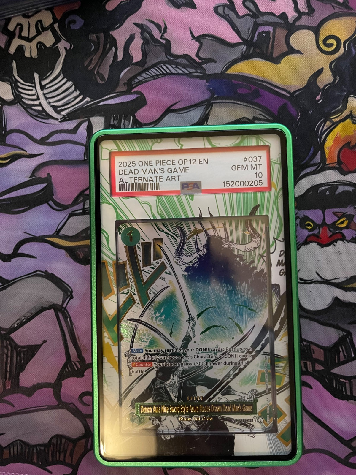 Demon Aura Nine Sword Style Asura Blades Drawn Dead Man's Game (Alternate Art) OP12-037 (Legacy of the Master) — PSA 10