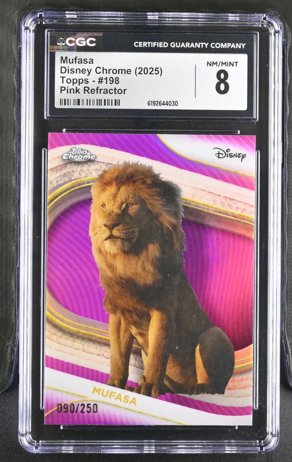Mufasa - 2025 Disney Chrome Topps #198 Pink Refractor, numbered 090/250 - CGC 8 Top Pop