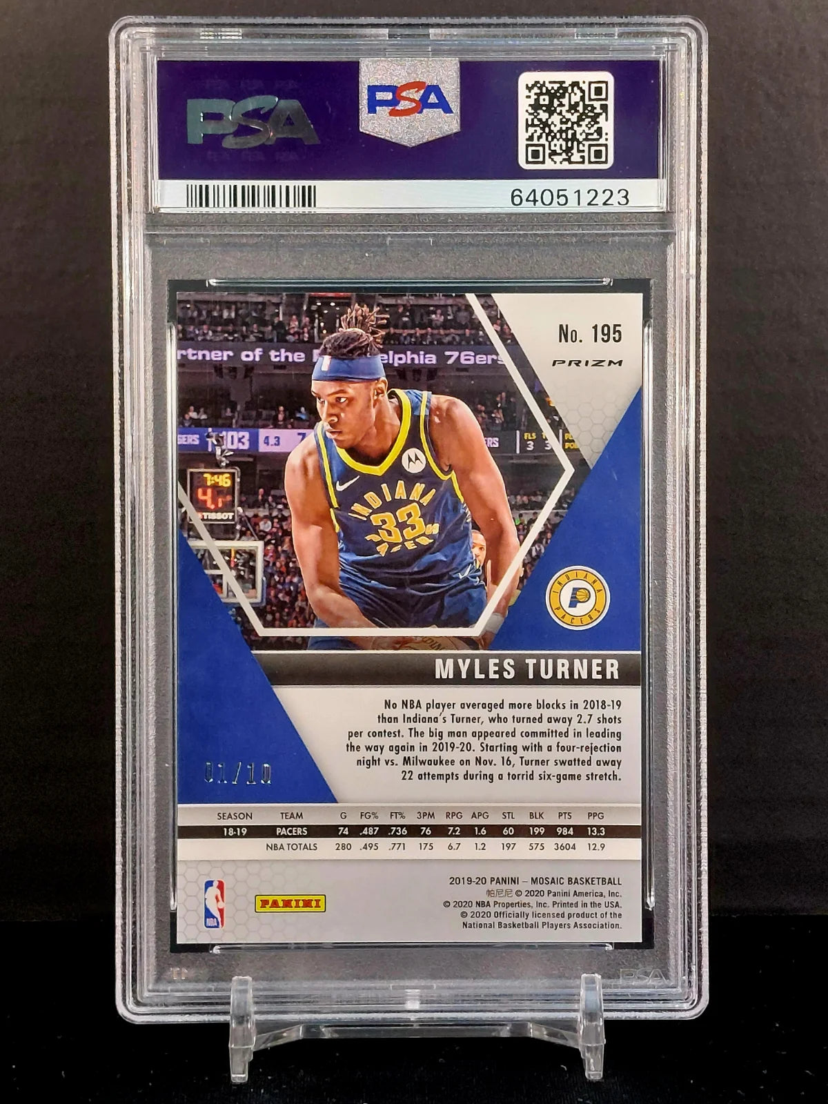 MYLES TURNER #/10 #195 - 2019-20 Panini Mosaic Fast Break Gold Prizm