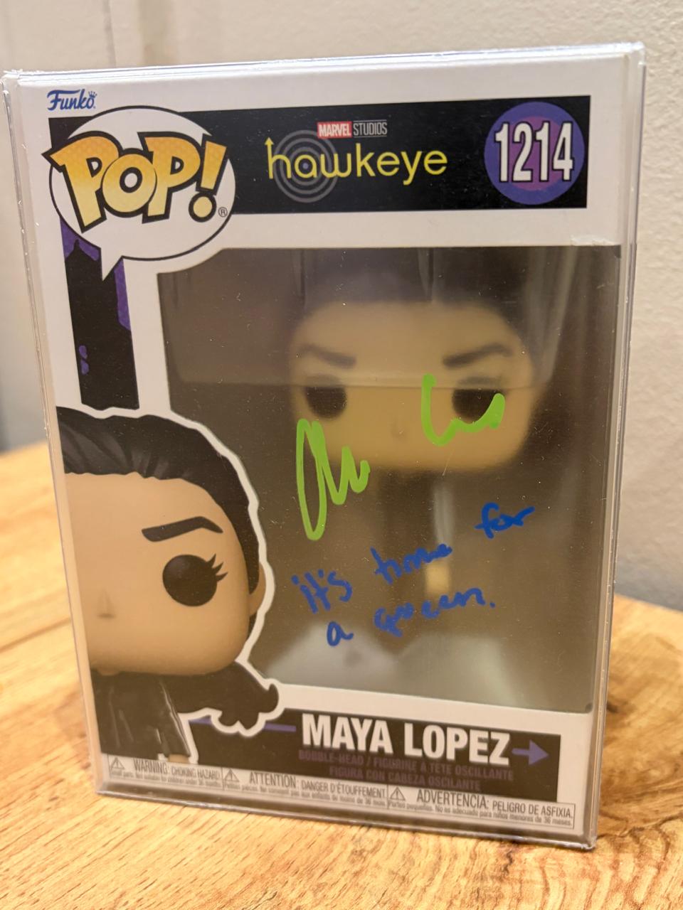 ALAQUA COX SIGNED with qoute MAYA LOPEZ HAWKEYE FUNKO POP