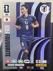 Takumi Minamino Fan Favourite #250 trading card from the Panini Adrenalyn XL