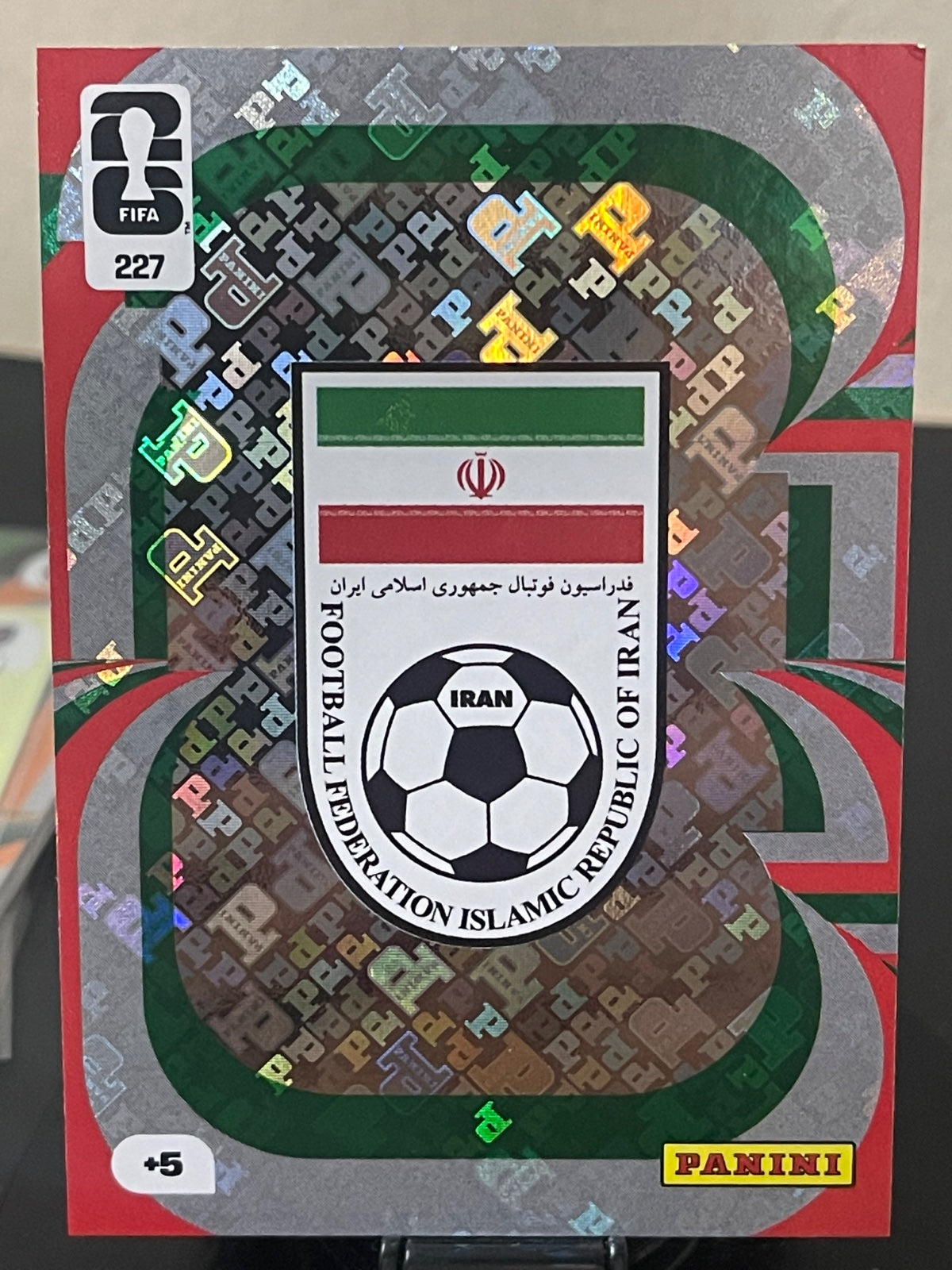 Iran National Football Team Badge Foil Trading Card (No. 227) from the official Panini Adrenalyn XL